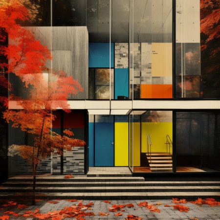 a modern structure stands amidst vibrant autumn leaves on a woodland path. this visually striking photo captures the essence of vray tracing, nicolas bruno's artistic style, and the use of bright color blocks. the realistic interiors, inspired by tokio aoyama, feature a captivating blend of dark amber and gray tones. the result is a captivating and colorful collage of nature and architecture. ai generatedの素材