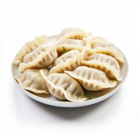 dumplings in a bowl, isolated on a white background, showcasing a subtle play of light and shadow. the image captures the essence of traditional poses, with a luminous quality. shot with a canon af35m, the photo exudes a hallyu vibe, complemented by the dark white and light gray tones. samikshavad is evident in the composition. ai generatedの素材