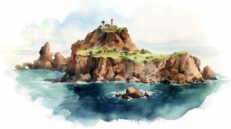 island lighthouse isolated watercolor illustration for design or ipy. this artwork, inspired by the style of tilt-shift lenses, captures the beauty of a spanish school landscape. with influences from flickr, unreal engine 5, and detailed character illustrations, it showcases mountainous vistas in a stunning and detailed manner. ai generatedの素材
