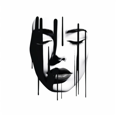a woman's face, portrayed in white and black paint, showcases dripping eyes in a fashion-illustration style. the artwork features minimalistic lines, melting and fragmented icons, as well as realistic depictions. the face appears to be made of glass, adding a unique touch to the urban decay theme. ai generatedの素材