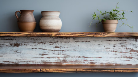 wooden shelf with two ceramic jars, showcasing distressed and weathered surfaces. the light indigo and brown hues create a muted earth tone color palette. the hard edge painter has skillfully incorporated white and gray accents, adding depth to the composition. the varied textures add visual interest to this captivating display. ai generatedの素材