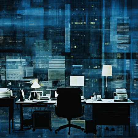 a cityscape on a backdrop captures the essence of an illuminated interior, showcasing a study place amidst organized chaos. the dark sky-blue and black tones create a captivating atmosphere. this photocollage, reminiscent of an associated press photo, evokes a sense of working-class empathy. ai generatedの素材