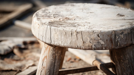a wooden stool with wooden legs is placed on the ground, showcasing the threadbare abstractions style. the stool features a light white and gray color palette, achieved through focus stacking. this unique piece of cambodian art draws inspiration from rural china, with intricate carvings that have been pulled, scraped, and scratched. ai generatedの素材