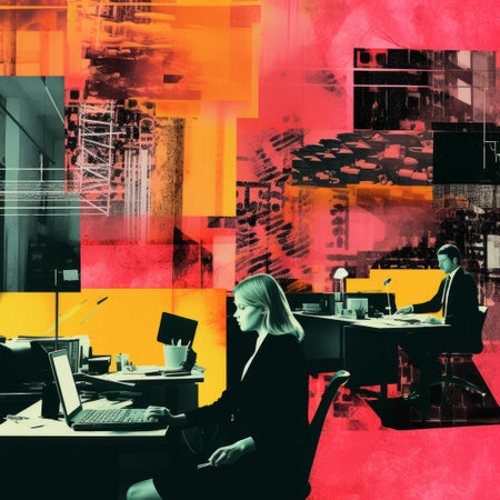 a man and a woman sit at their computers in a visually striking composition. the fragmented architecture, with its bold red and amber colors, adds a graphic and commercial feel to the image. the industrial texture and engineering construction elements create a unique aesthetic. this photograph could easily be part of the criterion collection, showcasing its artistic and design qualities. ai generatedの素材