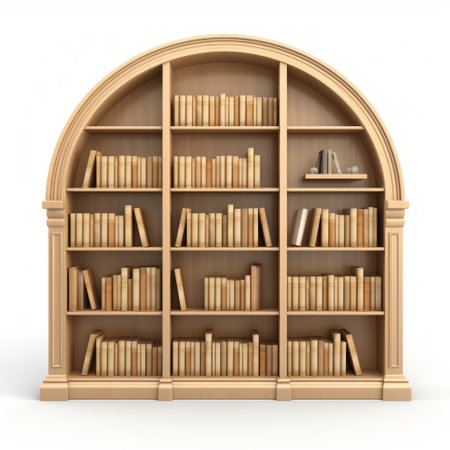 a bookcase adorned with spiritual symbolism, featuring rounded and arched doorways. the white background highlights the realistic attention to detail, showcasing a harmonious blend of light gold and light brown hues. this captivating piece, created using zbrush, invites you to explore the world of spirituality through literature. ai generatedの素材