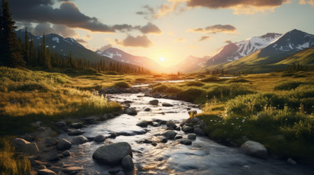 a river gracefully winds its way through a stunning mountain landscape during a breathtaking sunset. this picturesque scene, captured in the style of vray tracing, evokes the essence of whistlerian art with its pastoral charm. the artwork by tom grummett showcases the artist's environmental awareness, creating a reverent and tranquil atmosphere. located in donald pass, this scene is a true testament to the beauty ofの素材