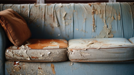 a vintage-style couch with peeling paint and dents in light blue and dark beige colors. the focus stacking technique highlights the light orange and beige tones. this domestic scene exudes a manapunk vibe, with a vintage atmosphere and blink-and-you-miss-it details. ai generatedの素材