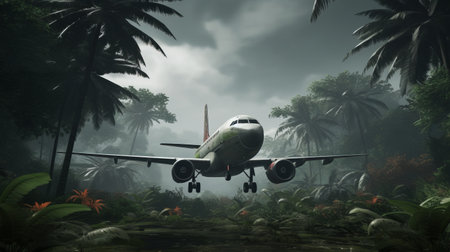 an old rusty british military airbus a320 stands in the woods of india, with a opened elevator visible in the background. surrounded by palm trees, the scene is set in a mild, overcast atmosphere with a touch of fog. the image captures the unreal engine of the plane, offering a high-resolution view suitable for aaa games. ai generatedの素材