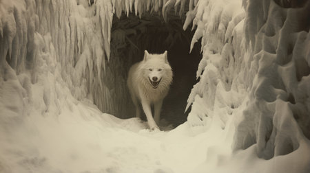 a wolf inside a snow-covered cave, captured in the haunting portraiture style of kodak vision3 500t. this isolated image showcases the angura kei aesthetic, with a touch of ivory and the atmospheric tones reminiscent of american tonalism. a contest winner, this high-resolution photograph immerses viewers in the captivating beauty of nature's wild spirit. ai generatedの素材