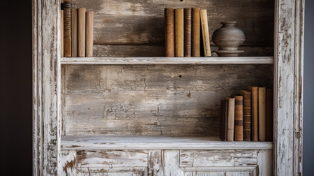 a rustic diy shelf showcasing the process of cleaning old paint from white wooden shelving. this project is inspired by the 19th-century french academy style, creating a serene atmosphere with an atmospheric perspective. the shelf features carved books, adding a touch of manapunk aesthetic, while the eroded interiors and varying wood grains give it a rustic and figurative charm. ai generatedの素材