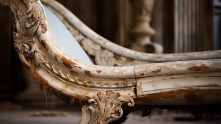 a chair with blue painted wood, torn up underneath, in the style of curved mirrors. this historical piece holds significant value with its rococo realms and soft-focus design. the uhd image showcases the soft, muted color palette of dark white and light brown. ai generatedの素材
