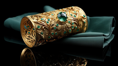 a gold and silver bracelet adorned with emeralds, showcasing meticulous photorealistic still life artistry. the intricate patterns draw inspiration from dansaekhwa and arabesque scroll designs, creating a captivating fusion of styles. the bracelet exudes cinematic elegance, while its exquisite clothing detail and anamorphic art elements add a touch of uniqueness. ai generatedの素材