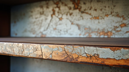 peeled wood on the shelf, showcasing the kintsugi style with a metallic texture. rusty debris adds to the cracked appearance, while the hard edge painter's exacting precision highlights the unpolished authenticity. ai generatedの素材