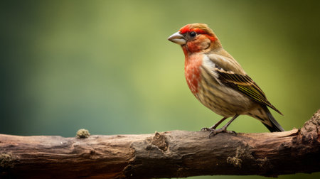 a bird perched on a branch, with a blurred background, showcases a unique blend of light red and dark green hues. the multilayered surfaces of this wildlife art, captured using a canon af35m camera, add depth to the composition. with a satirical twist and precisionist lines, this piece embodies the artistic style of kombuchapunk. ai generatedの素材