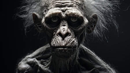 an old man with long hair stands in front of a dark background, showcasing a hybrid creature composition style. the photo is captured in 8k 3d by alex petruk ape, with a low depth of field. the man's face appears creased, crinkled, and wrinkled, adding character to the image. this unique artwork by stefan gesell combines elements of animals and people. ai generatedの素材