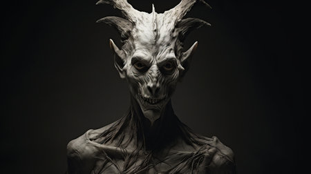 a horn-covered creature with long hair and face horns is depicted in this zbrush-style artwork. the image showcases a stark contrast between light and shadow, with spiky mounds made of vines adding texture. the artwork prioritizes emotion over realism, resulting in a supernatural realism aesthetic. layers and lines are skillfully incorporated to enhance the overall composition. ai generatedの素材