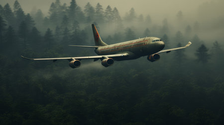 an old rusty filipino military airbus a340 is seen in the woods of spain. in the background, there is an opened window with a view of teak trees. the atmosphere is hazy and overcast, creating a gloomy and foggy ambiance. the photo captures the unreal engine of the plane. this high-resolution image is perfect for aaa game enthusiasts. ai generatedの素材