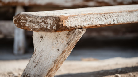 a bench with white boards and an empty seat, showcasing earthy textures and distressed materials. this anthropological-inspired photo captures a macro perspective, highlighting the bold structural designs. the rim light adds depth and dimension to the image, taken with the zeiss batis 18mm f2.8 lens. ai generatedの素材