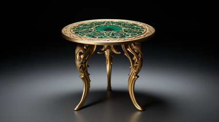 small golden metal carved table with ceramic body, inlaid emeralds. round and full shape, realistic texture. ultra clear image quality showcases exquisite craftsmanship. ai generatedの素材