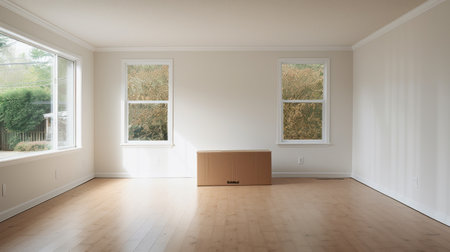 an empty room featuring a large window and a box underneath, showcasing soft tonal transitions. the contemporary diy and minimalist staging evoke a sense of simplicity and elegance. the photograph captures the artistic influences of jeffrey t. larson and robert s. duncanson, with a low depth of field that adds a crisp and clean aesthetic. ai generatedの素材