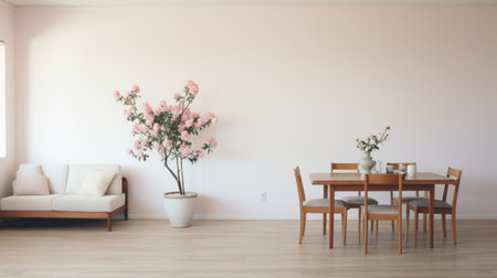 a wooden table sits in an empty room, adorned with a cherry blossom-inspired design. this minimalist, anti-clutter space features a soft, muted color palette reminiscent of hayao miyazaki's serene landscapism. the vibrant color scheme of light pink and brown adds a touch of vibrancy to the overall tranquil ambiance. ai generatedの素材