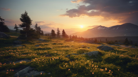 mountains towering over lush grass and bushes create a breathtaking scene reminiscent of unreal engine 5. this norwegian landscape bathed in golden light exudes an atmospheric ambience. the radiant clusters of nature's essence are beautifully captured, showcasing the stunning beauty of this terragen-inspired masterpiece. ai generatedの素材