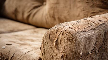 a brown plastic cushion on a sofa, showcasing raw vulnerability and dusty piles. this photo, taken with a nikon d750, captures the essence of ancient egypt with its wrapped wood and ultrafine detail. ai generatedの素材