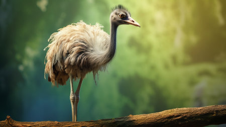 an ostrich perches on a tree branch, showcasing a surreal animal hybrid in this photograph. the image combines elements of environmental awareness and psychological symbolism. the soft-focus technique adds a dreamlike quality to the lifelike rendering of the ostrich. this creative commons attribution photo captures the precisionist approach to blending different elements into a captivating composition. ai generatedの素材