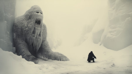 a massive creature stands with its hand raised against the backdrop of a snow-covered mountain. the image, captured in the style of pinhole cameras, showcases inventive character designs and candid shots of famous figures. the creature appears to be made of mist, adding an ethereal quality to the scene. this photograph embodies the gritty elegance often found in site-specific works, shot with a leica r8.の素材