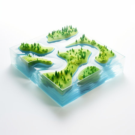 a photo of a mesmerizing landscape featuring a concept map of ocean waters, forest trees, and rectangular fields. the style of the image is reminiscent of renowned artists carl kleiner and sou fujimoto, with elements of poured resin, isometric perspective, blurred landscapes, and tilt shift effects. ai generatedの素材