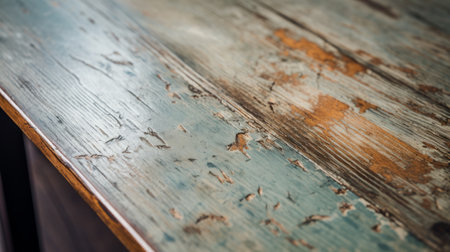 an old, broken wooden table with a coffee cup on top, showcasing a light indigo and light bronze color scheme. the close-up intensity highlights the use of the impasto technique, creating a textured surface. the light teal and light orange accents add a touch of vibrancy. the photo captures the raw authenticity of the table, with blink-and-you-miss-it details and fine feather-like textures. ai generatedの素材