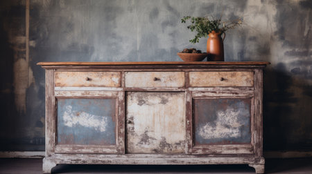 the old wooden chest, with its cracked top, showcases a soft and blended brushstroke style. the muted colors and atmospheric installations create a captivating visual. the glazed earthenware and tabletop photography add depth to the composition. the light indigo and gray tones enhance the lively interiors, resulting in a textured and captivating image. ai generatedの素材