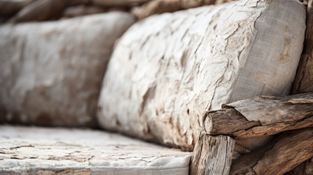 white fabric on a couch, showcasing rustic naturalism style. the photograph features focus stacking technique, highlighting the intricate details of a wood sculptor's work. dusty piles add to the authenticity of the composition, while the composite construction adds depth. the shallow depth of field enhances the overall aesthetic. designed by renowned architect jean nouvel. ai generatedの素材