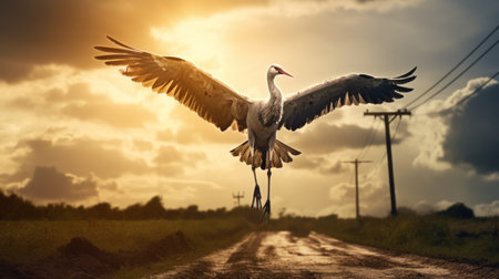 a large white bird gracefully soars through the air, amidst a fantastical street with photo-realistic landscapes. the bird's feathers glisten in dark silver and light orange hues, creating a captivating visual. this national geographic photo captures the essence of rural life, with its depictions of exaggerated poses and the ethereal beauty of god rays shining down. ai generatedの素材
