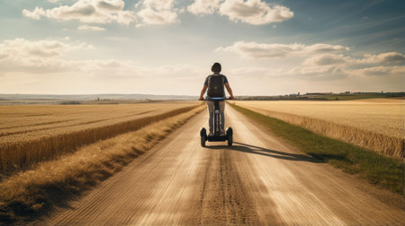 a photo capturing the segways of the future, blending seamlessly into a rural landscape. this artwork by michael shainblum showcases textured landscapes with a touch of youthful energy. the backlight adds a mesmerizing effect, reminiscent of govaert flinck's isolated landscapes. experience the road to the future with this captivating depiction. ai generatedの素材