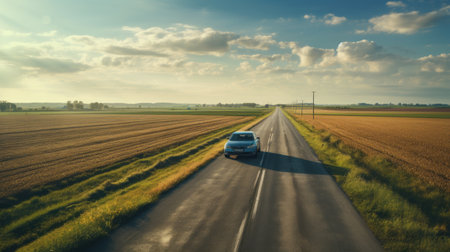 blue car driving down rural road with emotive fields of color, high horizon lines, and elements inspired by the dusseldorf school of photography. the scene showcases dark green and light amber hues, while incorporating vray tracing techniques. the concept of kintsugi and eco-friendly craftsmanship adds a unique touch to the overall aesthetic. ai generatedの素材