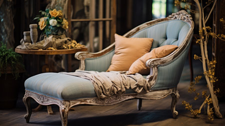 a lounge chair in the living room, showcasing soft focus romanticism with blue and amber hues. the weathered materials and rococo style add a touch of elegance. captured with a nikon d750, the photo features a light orange and gray color palette, evoking a rustic americana vibe. ai generatedの素材