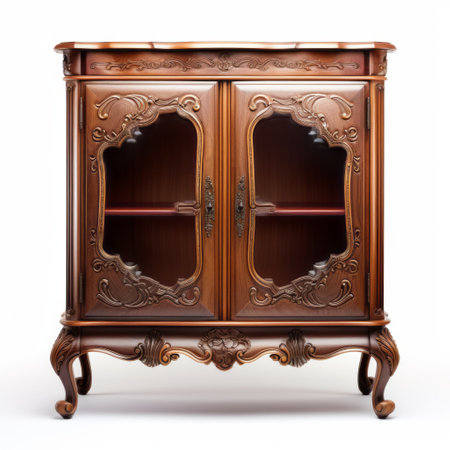 a 3d rendered image of a french king cabinet showcasing naturalistic shadows and an unpolished, authentic brown color. the cabinet features glass as a material, incorporating traditional japanese artistic techniques. the design exudes a blend of rococo frivolity and romanticized views. ai generatedの素材