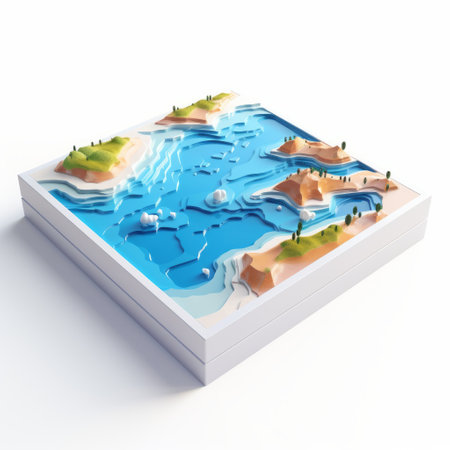 a low poly map of land isolated on white, inspired by the artistic styles of reefwave and storybook illustrations. this visually tactile surface showcases realistic and hyper-detailed renderings, perfect for interactive exhibits. the hyper-realistic water adds an extra touch of immersion to the overall experience. ai generatedの素材