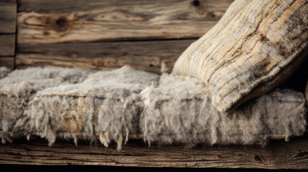 sheepskin cushion on wooden surface, primitive structure style, soft focus nostalgia, wollensak 127mm f47 ektar, gossamer fabrics, striated resin veins, archaeological object, rustic scenes. ai generatedの素材