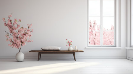 a flower vase sits elegantly in an empty room adorned with a beautiful wall painting, reminiscent of cherry blossoms. the room exudes an anti-clutter and minimalist design, with a light gray and bronze color scheme. the asian-inspired aesthetic creates a romanticized view, while the minimalist color palette adds a touch of cottagecore charm. ai generatedの素材