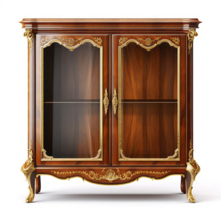 a golden display cabinet with gold trim and glass doors, featuring detailed and ornate designs. this cabinet exudes classical elegance with its distinctive character design and retro charm. the realistic details and rich colors of the wood add to its overall appeal. ai generatedの素材