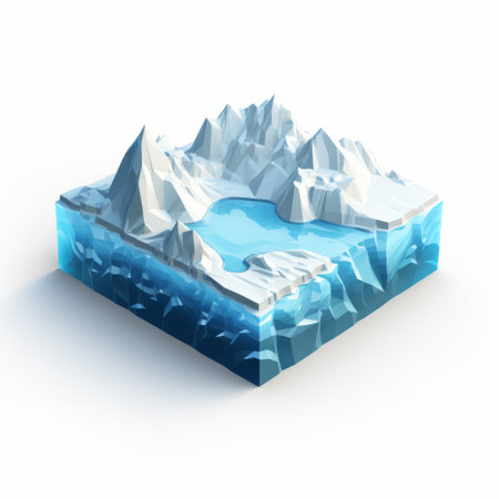 3d icy structure isolated with water, featuring a realistic landscape design with soft, tonal colors. the structure incorporates fragmented icons and showcases epic landscapes inspired by the works of patrick brown. the clean and simple design highlights accurate topography and utilizes parallax effects. ai generatedの素材