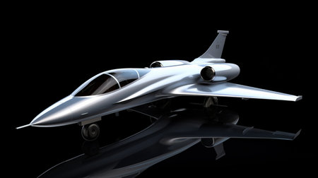 a futuristic jet airplane is showcased on a sleek black background, resembling a spacecraft design. the aircraft features a light silver and white color scheme, with intricate hard surface modeling. the image is captured with sharp focus, reminiscent of the artistic styles of les nabis and the barbizon school. this stunning photograph was taken using a konica auto s3 camera. ai generatedの素材