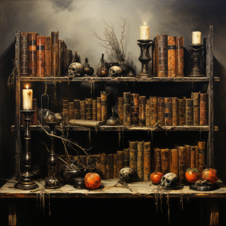 a macabre realism-inspired shelf adorned with books, candles, and various odds and ends. the dark silver and amber color scheme adds to its eerie charm. the shelf also showcases realistic landscape paintings, dripping with expansive and referential elements. perfect for halloween enthusiasts or those who appreciate unique and thought-provoking art. ai generatedの素材