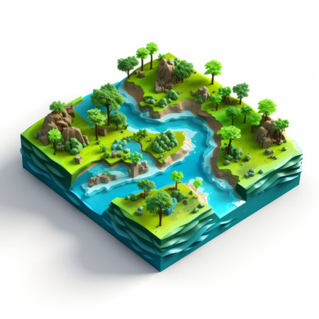 an isometric tree forest with river concept, seamlessly illustrated in a vector format. this vibrant and colorful depiction, inspired by nature, showcases lively coastal landscapes. rendered in cinema4d, this high-definition image captures the playful and captivating essence of the scene. ai generatedの素材