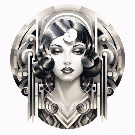 art deco woman tattooed by nick wynn, featuring dark white and light gray circular shapes. the tattoo showcases liquid metal elements and historical reproductions. serene faces are depicted in intricate detail, against a white background. the character design is meticulously crafted, capturing the essence of art deco style. ai generatedの素材
