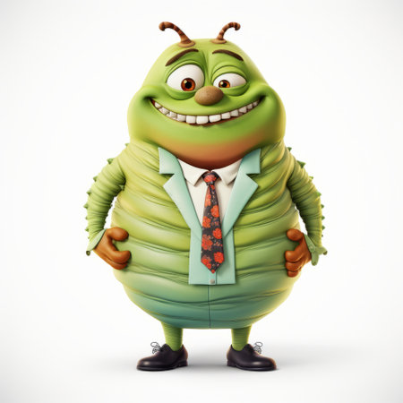 a colorful character cartoon character in a business suit, wearing a tie, is depicted in a photorealistic surrealism style. the character is made up of insects, giving it a unique and visually striking appearance. the color palette consists of light green and beige tones, adding to the surreal atmosphere. this artwork is reminiscent of the darkly comedic and bulbous style of the quito school. aiの素材