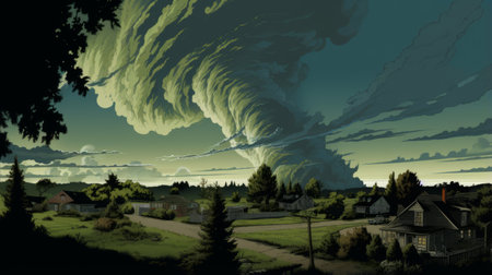 a large tornado looms menacingly over a town, surrounded by tall buildings. this highly detailed illustration, inspired by the styles of chris samnee, john sloane, and jules breton, captures the terrorwave of a natural disaster. the hyper-detailed artwork showcases the contrast between the destructive force of the tornado and the pastoral landscapes of the town. ai generatedの素材