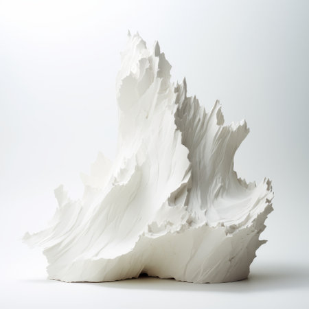 a white vessel-shaped object with an irregular base, reminiscent of kim keever's style, rendered in cinema4d. the flowing draperies evoke the influence of kengo kuma, while energetic strokes add a dynamic touch. the multilayered surfaces reflect the artistic approach of john pawson. ai generatedの素材